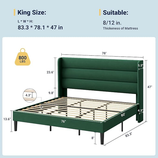 Allewie King Size Platform Bed Frame with Velvet Upholstered Wingback Headboard, No Box Spring Needed, Strong Wooden Slats, Under Bed Storage Space, Modern Mattress Foundation, Easy Assembly, Green