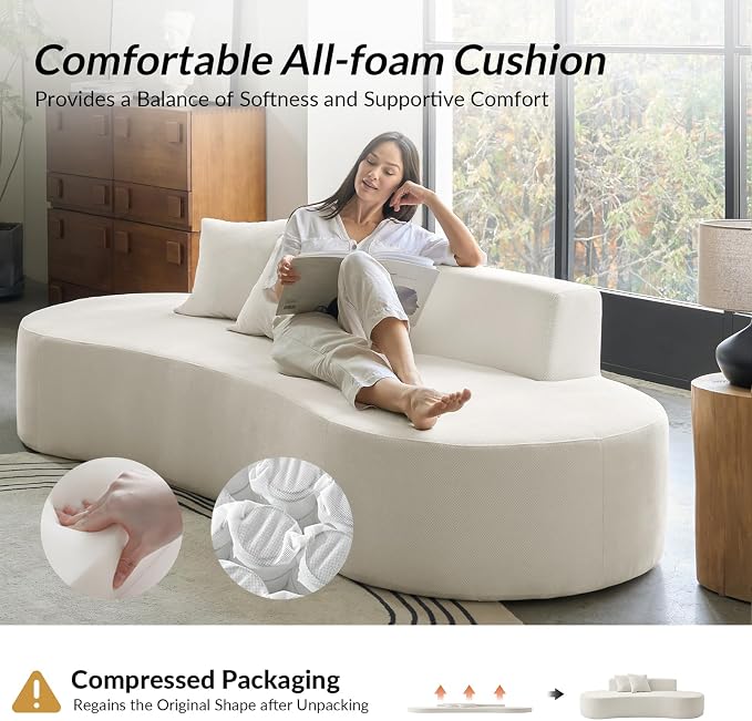 94.5" Boneless Sofa with 2 Pillows, 3 Seater Compressed Foam Sofa with Half Moon Design & Deep Seat, No Assembly Required, Modern Cloud Couch for Living Room, Ivory