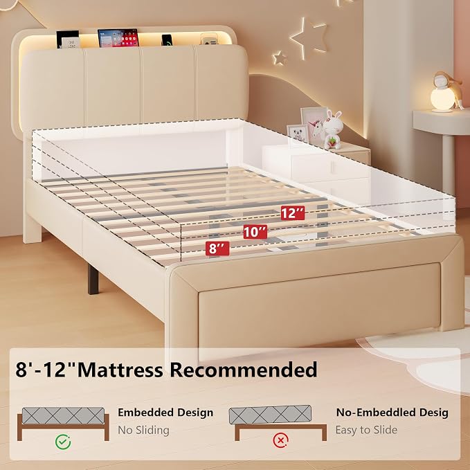 Feonase Twin Upholstered Bed Frame with Storage Drawers and Headboard, Built-in Charging Station, Velvet Platform LED Bed with Solid Wood Slat Support, No Box Spring Needed, for Girls and Kids, Beige