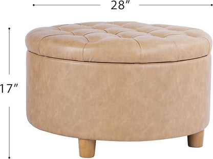 HomePop 28" Button Round Storage Ottoman - Light Camel Faux Leather