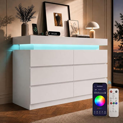 6 Drawer Dresser with LED Lights & Charging Station, Modern Floating White Dresser for Bedroom, Smart Storage Chest with 2 AC Outlets & USB Ports for Living Room, Closet, Entryway
