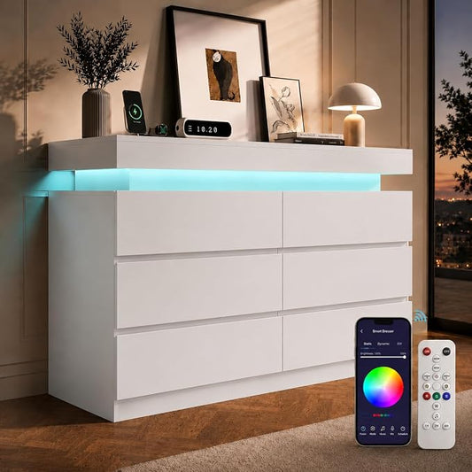 6 Drawer Dresser with LED Lights & Charging Station, Modern Floating White Dresser for Bedroom, Smart Storage Chest with 2 AC Outlets & USB Ports for Living Room, Closet, Entryway
