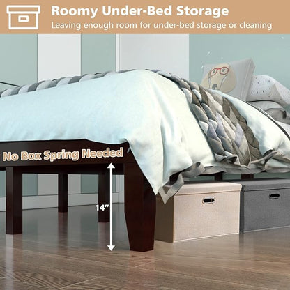 COSTWAY Full Size Wood Platform Bed Frame, 14 Inches Solid Rubber Wood Bed Mattress Foundation with Sturdy Slats Support, Easy Assembly Bed Frame for Home Hotel, No Box Spring Needed (Espresso, Full)
