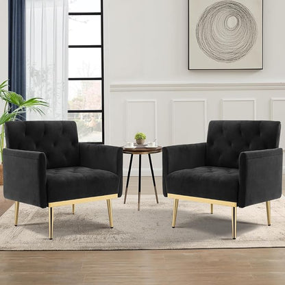 Black Velvet Accent Chairs Set of 2, Comfy Button Tufted Armchair, Upholstered Arm Chair Single Sofa Reading Chairs with Arms and Gold Metal Leg for Living Room Bedroom Nursery Office