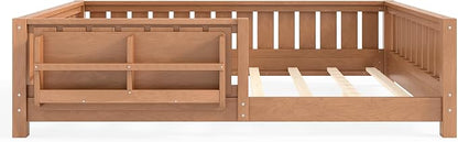 Bellemave Full Size Floor Bed with high Rails and with Built-in Bookshelf for Kids, Girls, Boys, Wood Montessori Floor Bed Without Door, Natural