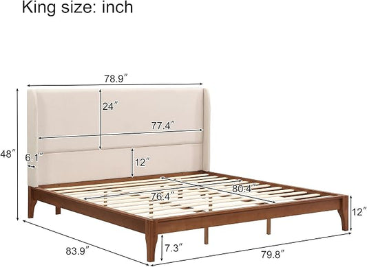 Merax King Size Bamboo Platform Bed, Mid-Century Bed Frame with Tall Upholstered Headboard, Wood Slat Support, No Box Spring Needed, Easy Tool-Free Assembly, Beige+Brown