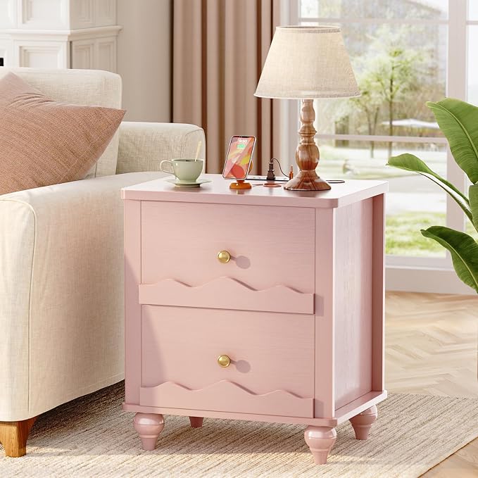 Cyclysio Pink Nightstand with Charging Station Set of 2, Scalloped Bedside Table with 2 Smooth Drawers, Modern End Table with Solid Wood Legs for Bedroom and Small Spaces