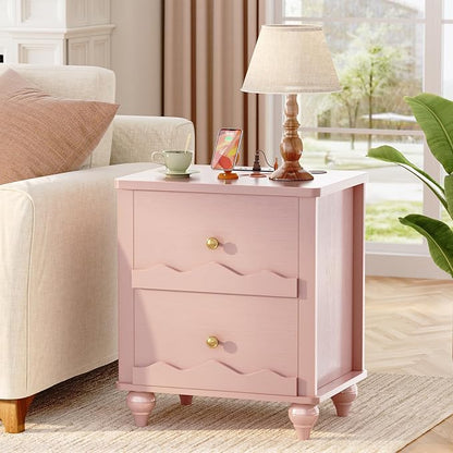 Cyclysio Pink Nightstand with Charging Station Set of 2, Scalloped Bedside Table with 2 Smooth Drawers, Modern End Table with Solid Wood Legs for Bedroom and Small Spaces
