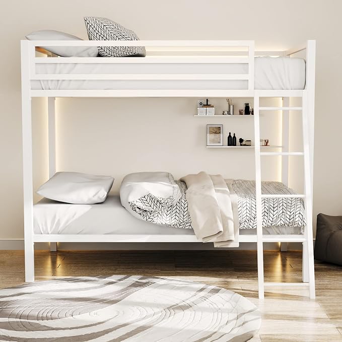 ikalido Metal Loft Bunk Bed Twin Over Twin Size with Ladder, Cream White | Safety Guardrail,No Box Spring Needed, Space Saving Bedroom Furniture