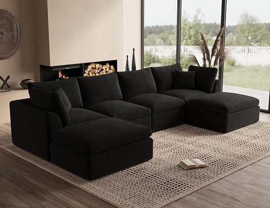 ohllob 140" U Shaped Couch, Cloud Sectional Couches for Living Room, Boneless Couch with Ottoman, Oversized 4 Seater Modular Sectional Sofa, Black