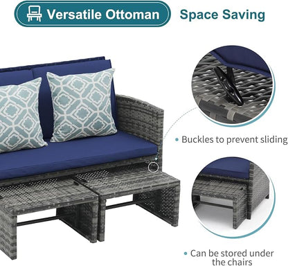OC Orange-Casual Patio Furniture Set,3 Pieces Outdoor Wicker Conversation Loveseat with Ottomans for Porch, Gray Rattan Navy Blue Cushions