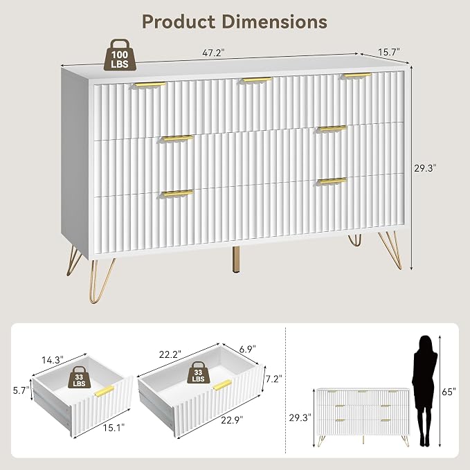 White Dresser for Bedroom, 7 Drawers Dresser with Golden Handles, Modern Wood Chest for Living Room, Hallway, Entryway