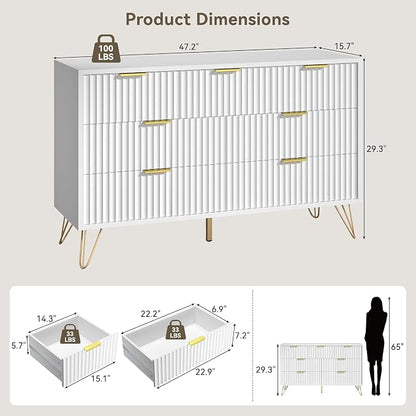 White Dresser for Bedroom, 7 Drawers Dresser with Golden Handles, Modern Wood Chest for Living Room, Hallway, Entryway