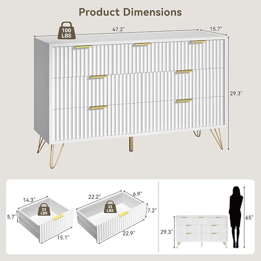White Dresser for Bedroom, 7 Drawers Dresser with Golden Handles, Modern Wood Chest for Living Room, Hallway, Entryway