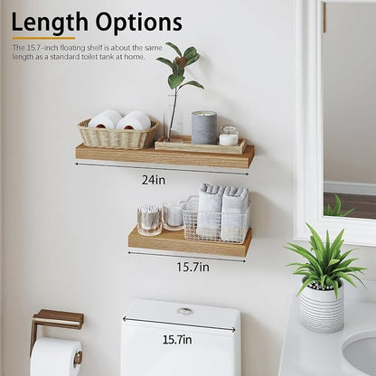 Oak Floating Shelves for Wall，24in Wall Mounted Display Ledge Shelves Perfect for Bedroom, Bathroom, Living Room and Kitchen Decoration Storage (Oak, Set of 2)