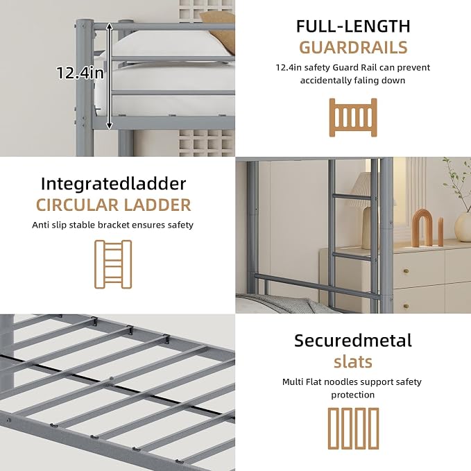 3-Way Convertible Twin over Twin Bunk Bed with Trundle, Metal Low Bunkbed for Kids Boys Girls, Guardrail & Ladders, Heavy Duty, No Box Spring Needed, Space-Saving, Easy Assembly (Silver, With Trundle)