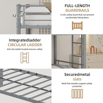 3-Way Convertible Twin over Twin Bunk Bed with Trundle, Metal Low Bunkbed for Kids Boys Girls, Guardrail & Ladders, Heavy Duty, No Box Spring Needed, Space-Saving, Easy Assembly (Silver, With Trundle)