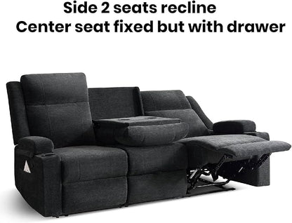 75'' Manual Reclining Sofa with Storage Drawer, 3 Seat Wall Hugger Recliner Couch with Cup Holders, Side Pockets, Chenille Fabric, Compact 3-Person Recliner for RV, Living Room, Apartment (Black)