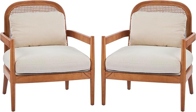 Christopher Knight Home Nadine Accent Chairs Set of 2, Wooden Club Chair, Rattan Open Back Armchair, Accent Reading Sofa Chair with Cushions, Club Chairs Set of 2 for Living Room Bedroom, Beige+Teak