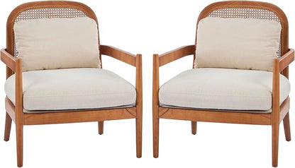 Christopher Knight Home Nadine Accent Chairs Set of 2, Wooden Club Chair, Rattan Open Back Armchair, Accent Reading Sofa Chair with Cushions, Club Chairs Set of 2 for Living Room Bedroom, Beige+Teak