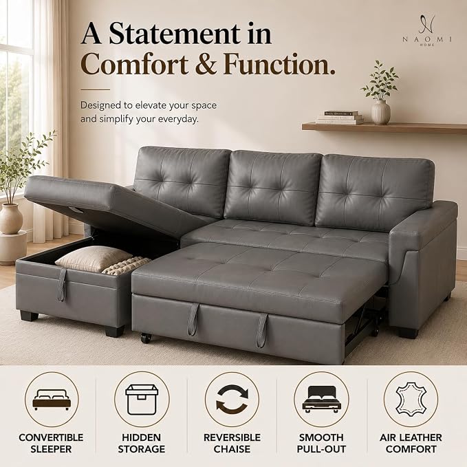 Naomi Home 84" L-Shaped Sectional Sleeper Sofa with Pull Out Bed | Sleeps Guests Comfortably, Stores Essentials in Chaise & Saves Space, Air Leather, Gray Convertible Sofa Bed