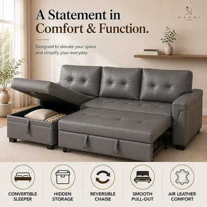 Naomi Home 84" L-Shaped Sectional Sleeper Sofa with Pull Out Bed | Sleeps Guests Comfortably, Stores Essentials in Chaise & Saves Space, Air Leather, Gray Convertible Sofa Bed