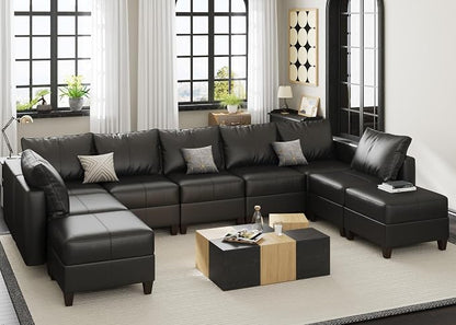 EASE MOOSE Faux Leather Sectional Couch with Storage,Black Sleeper Faux Leather Modualr Sofa Couch