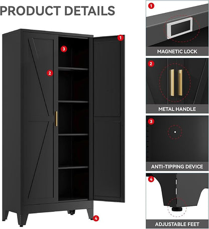 Farmhouse Pantry Cabinet with Barn Doors, 71" H x 31.5" W, 5-Tier Metal Storage Cabinet with 4 Adjustable Shelves for Kitchen Garage Dining Room, Black 1 Pack