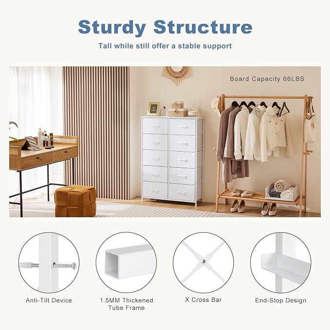 DUMOS 10 Drawer Dresser for Bedroom, Storage Organizer Chest of Drawers | Wide Fabric Closet Organizer Tower Furniture with Wooden Top Metal Frame, Dorm, White