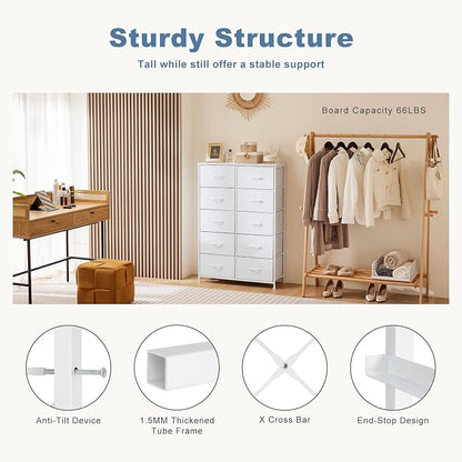 DUMOS 10 Drawer Dresser for Bedroom, Storage Organizer Chest of Drawers | Wide Fabric Closet Organizer Tower Furniture with Wooden Top Metal Frame, Dorm, White