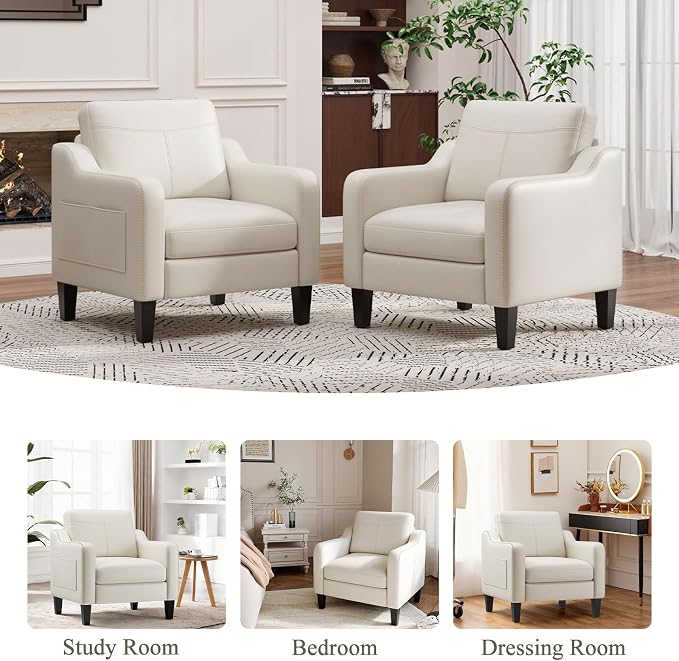 MALOL PU Leather Accent Chair, Mid-Century Modern Living Room Armchair Sofa with Removable Cushions, Solid Wood Frame & Stitched Armrest Design, Bedroom Chair with Plastic Legs, Beige