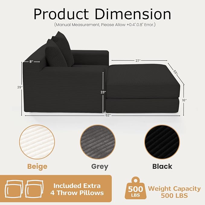 cidludto Convertible Futon Sofa Bed with Ottoman, 5 in 1 Folding Couch Bed Loveseat, Corduroy Boneless Couch with Deep Seat for Living Room Chaise Lounge Chair Indoor, No Assembly Required, Black