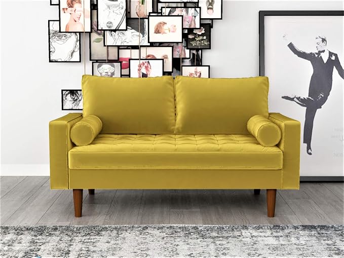 Container Furniture Direct Womble Mid Century Modern Soft Velvet Upholstered Tufted Seat with Bolster Pillows, Loveseat, Sofa, Textured Gold