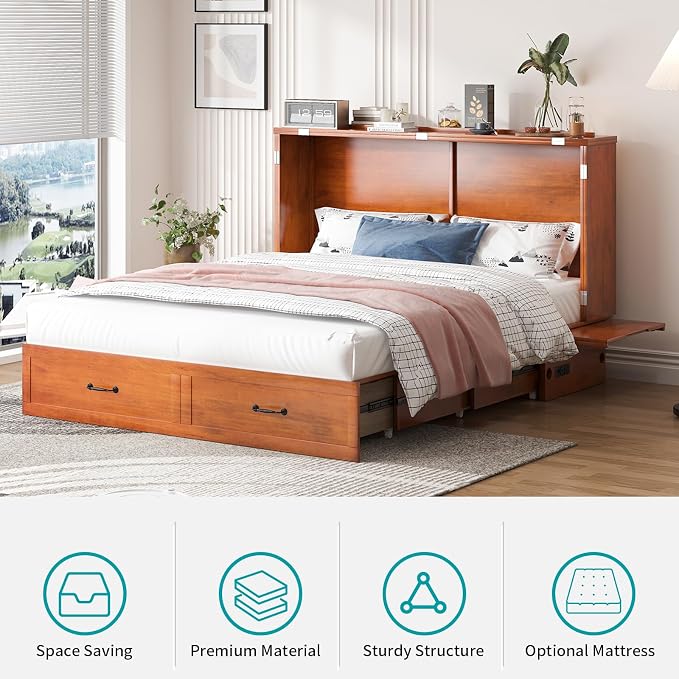 BALUS Queen Murphy Bed with Mattress Included, Cabinet Bed with Mattress & Built-in USB Ports & 2 Storage Drawers, Space-Saving Modern Murphy Beds Cabinet Guest Beds for Office -Cherry