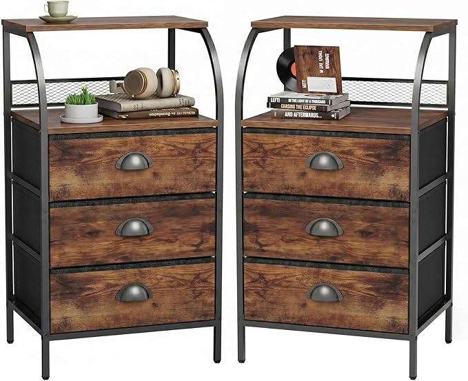 Night Stand Set 2, Tall Nightstand with 3 Fabric Drawers, Bedside Table with 2-Tier Wood Shelf, End Table for Bedroom, Steel Frame, Wood Top, Rustic Brown