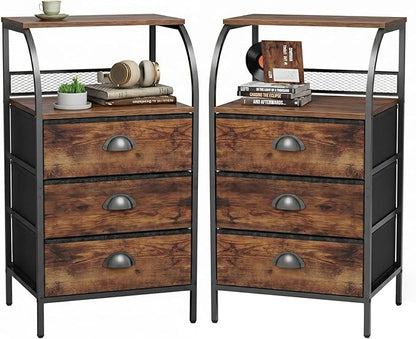 Night Stand Set 2, Tall Nightstand with 3 Fabric Drawers, Bedside Table with 2-Tier Wood Shelf, End Table for Bedroom, Steel Frame, Wood Top, Rustic Brown