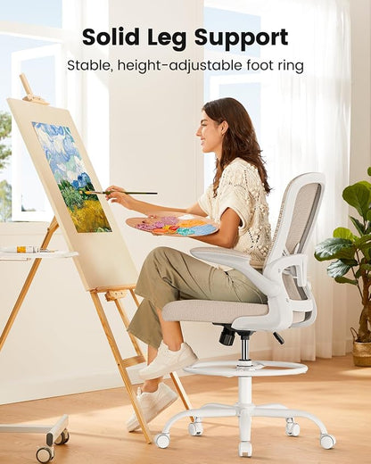 ErGear Drafting Chair,Tall Office Chair with Flip-Up Armrests, High Desk Chair Adjustable Height and Adjustable Footrest Ring, Ergonomic Standing Desk Chair with Lumbar Support, Khaki,4 Pack