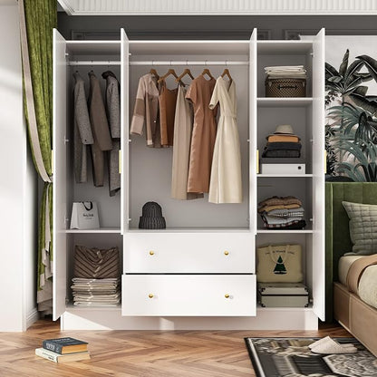 4 Door Wardrobe Armoire Closet with Mirror Door, 63" W Wooden Wardrobe Cabinet with 2 Drawers & Hanging Rod, Bedroom Armoire Dresser Wardrobe Clothes Organizer, A White