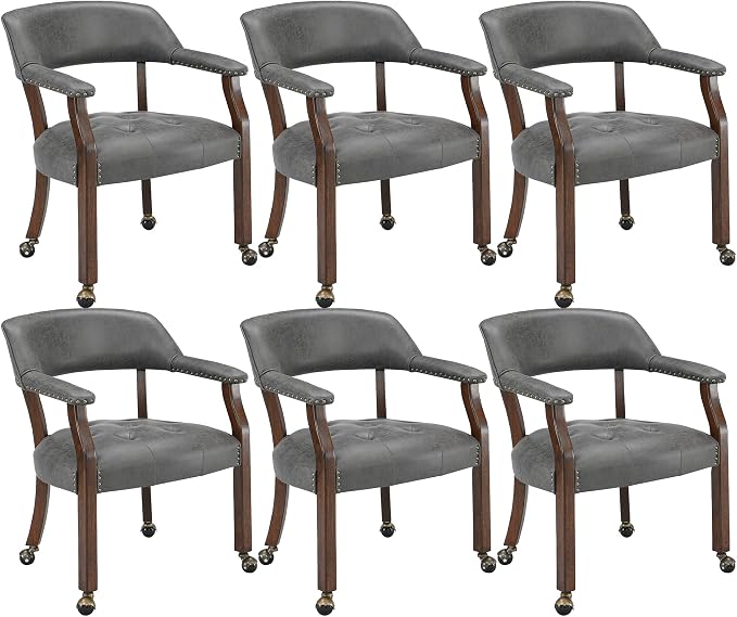 LEEMTORIG Set of 6 Dining Chairs with Casters and Arms, Rolling Dining Chairs with Wheels for Elderly, Ergonomic Wide Seat Wooden Office Chair, 26" Dx25.2 W, Cherry Legs&Dark Grey Fabric SY-1533-GY