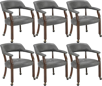 LEEMTORIG Set of 6 Dining Chairs with Casters and Arms, Rolling Dining Chairs with Wheels for Elderly, Ergonomic Wide Seat Wooden Office Chair, 26" Dx25.2 W, Cherry Legs&Dark Grey Fabric SY-1533-GY