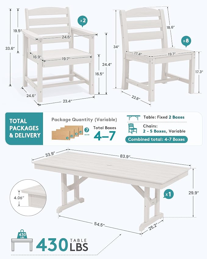 SERWALL 9 Piece 84" HDPE Outdoor Dining Set with 6 Armless Chairs, 2 Armchairs and Umbrella Hole for 8, White