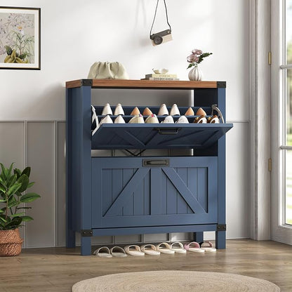 YOMILUVE Shoe Cabinet with 2 Flip Drawers, Farmhouse Shoe Storage Cabinet for Entryway, Slim Shoe Rack Freestanding Shoe Organizer with Barn Door, Blue