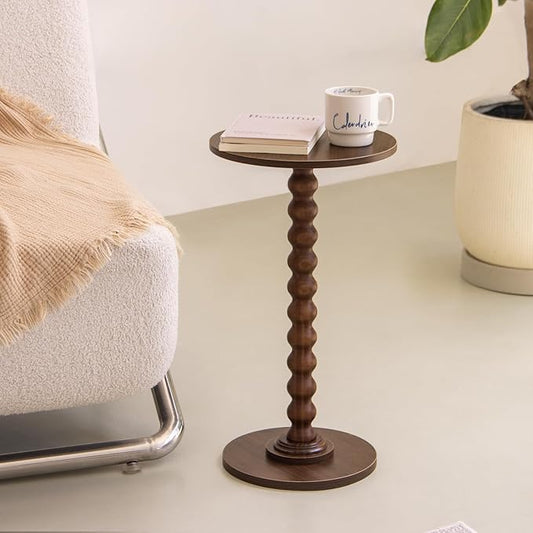 Fultyle Small Round Side Table, Walnut End Table for Small Spaces, Modern Drink Table Accent Table with Solid Wood Leg for Living Room, Bedroom, Corners, and Office (Walnut Brown)