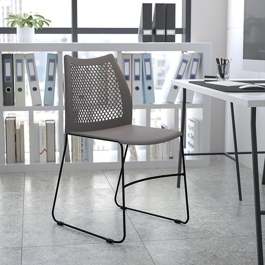 Flash Furniture HERCULES Series 661 lb. Capacity Gray Stack Chair with Air-Vent Back and Black Powder Coated Sled Base