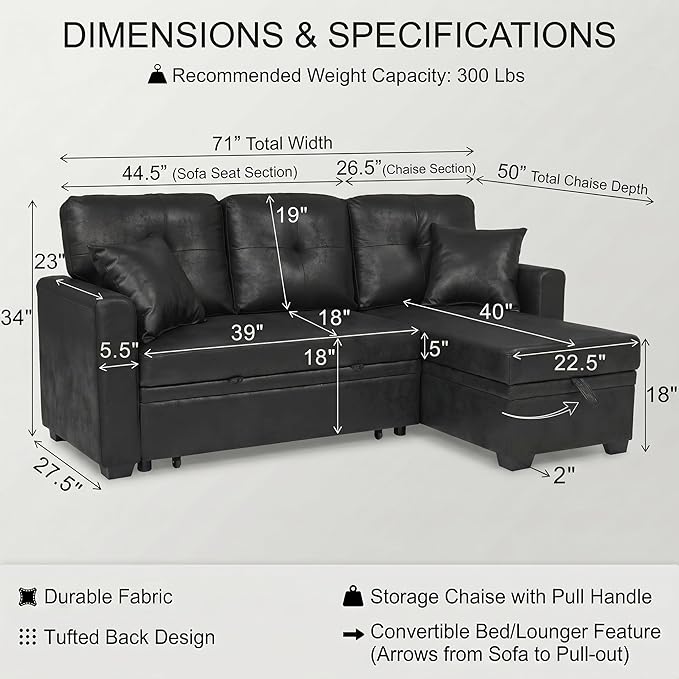 TYBOATLE Convertible Sofa Bed Couch with Reversible Storage Chaise, 71" L Shaped Pull Out Couch Bed, Comfy Linen Fabric Sleeper Sofa for Living Room, Apartment & Guest Room (Black)