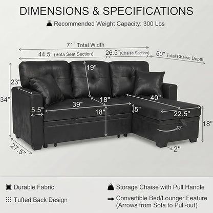 TYBOATLE Convertible Sofa Bed Couch with Reversible Storage Chaise, 71" L Shaped Pull Out Couch Bed, Comfy Linen Fabric Sleeper Sofa for Living Room, Apartment & Guest Room (Black)