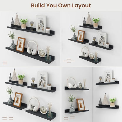 Axeman Black Picture Ledge Shelf Set of 4, 16'' Floating Shelves with Lip | Rustic Black Wood Picture Shelves for Wall with Ledge, Wall Shelves with Lip for Photos Nursery Books
