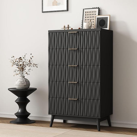Dresser for Bedroom, 47" Wide 5 Drawer Dresser, Modern Wood Chest of Drawers for, Bedroom, Living Room, Entryway, Black