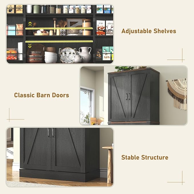 71" Tall Kitchen Pantry Cabinet, Farmhouse Tall Kitchen Storage Cabinet with Adjustable Shelves & 4 Barn Style Doors, Wooden Storage Cabinet for Kitchen, Dining Room, Living Room, Bathroom, Office