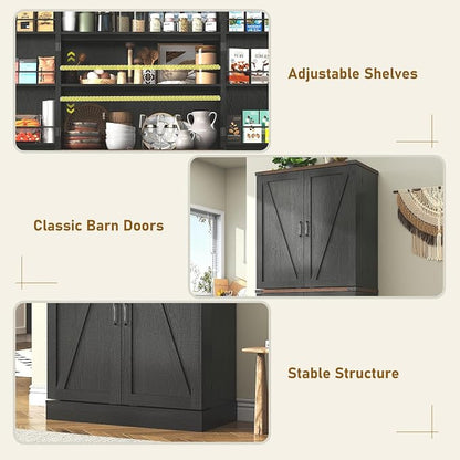 71" Tall Kitchen Pantry Cabinet, Farmhouse Tall Kitchen Storage Cabinet with Adjustable Shelves & 4 Barn Style Doors, Wooden Storage Cabinet for Kitchen, Dining Room, Living Room, Bathroom, Office